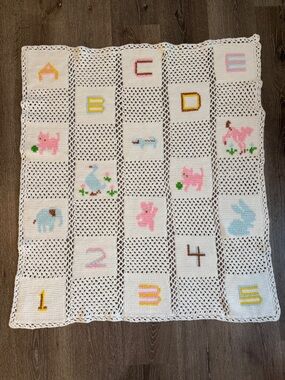 Vintage Granny Square Crotchet Baby Blanket Boy Girl Shabby Chic Nursery Gift